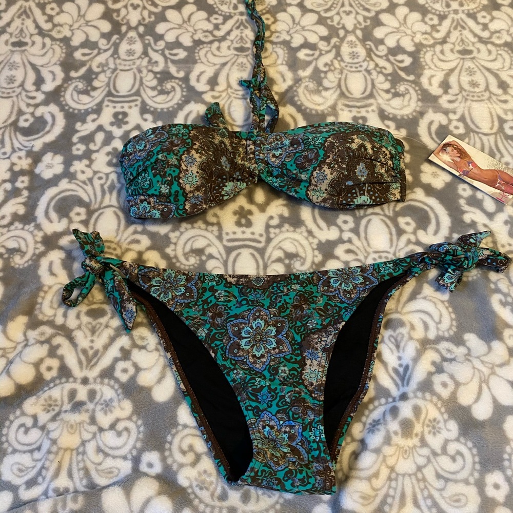Brown and teal patterned bikini.